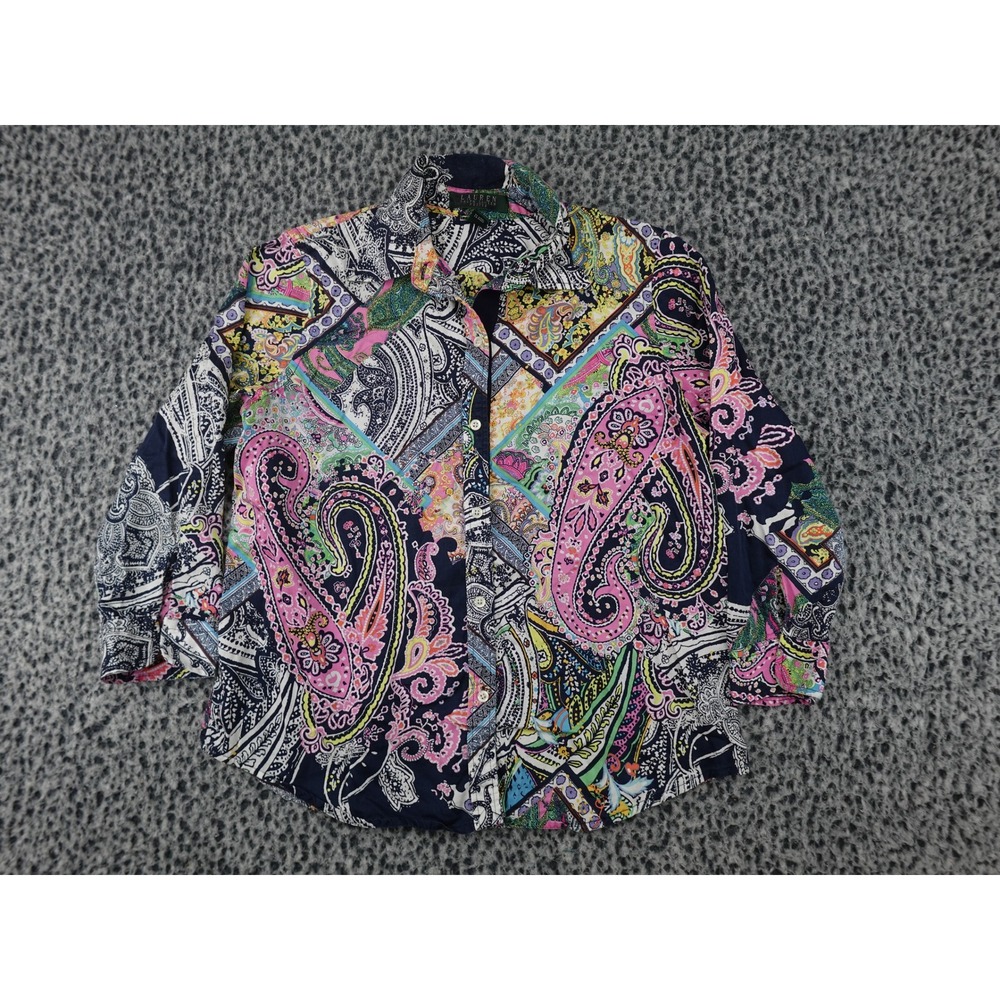 Lauren Ralph Lauren Button‎ Up Shirt Womens PM Multi Paisley Cotton Long Sleeve